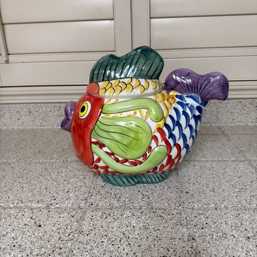 Vintage colorful koi fish ceramic cookie jar - Picture 5 of 10